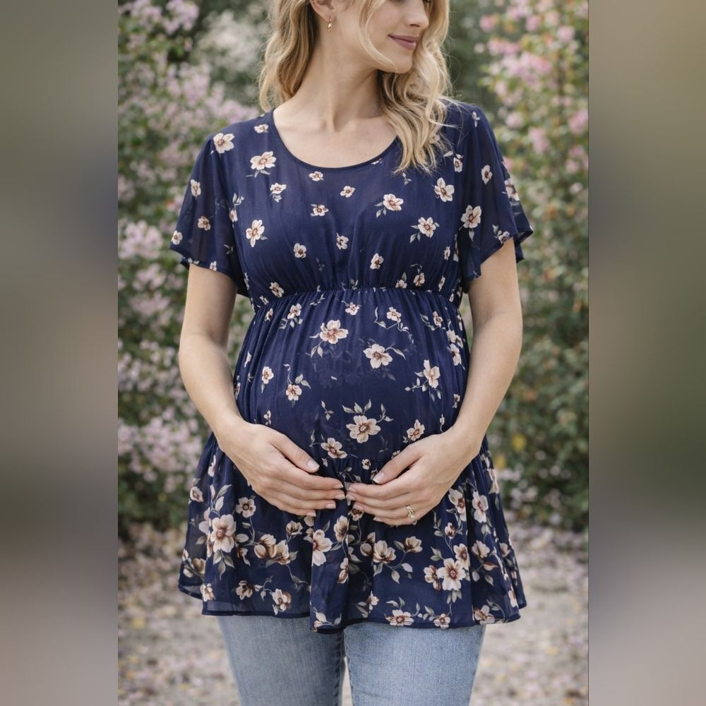 Siren Lily Maternity Sheer Blouse Floral Design Short Sleeve Navy Blue Size XL